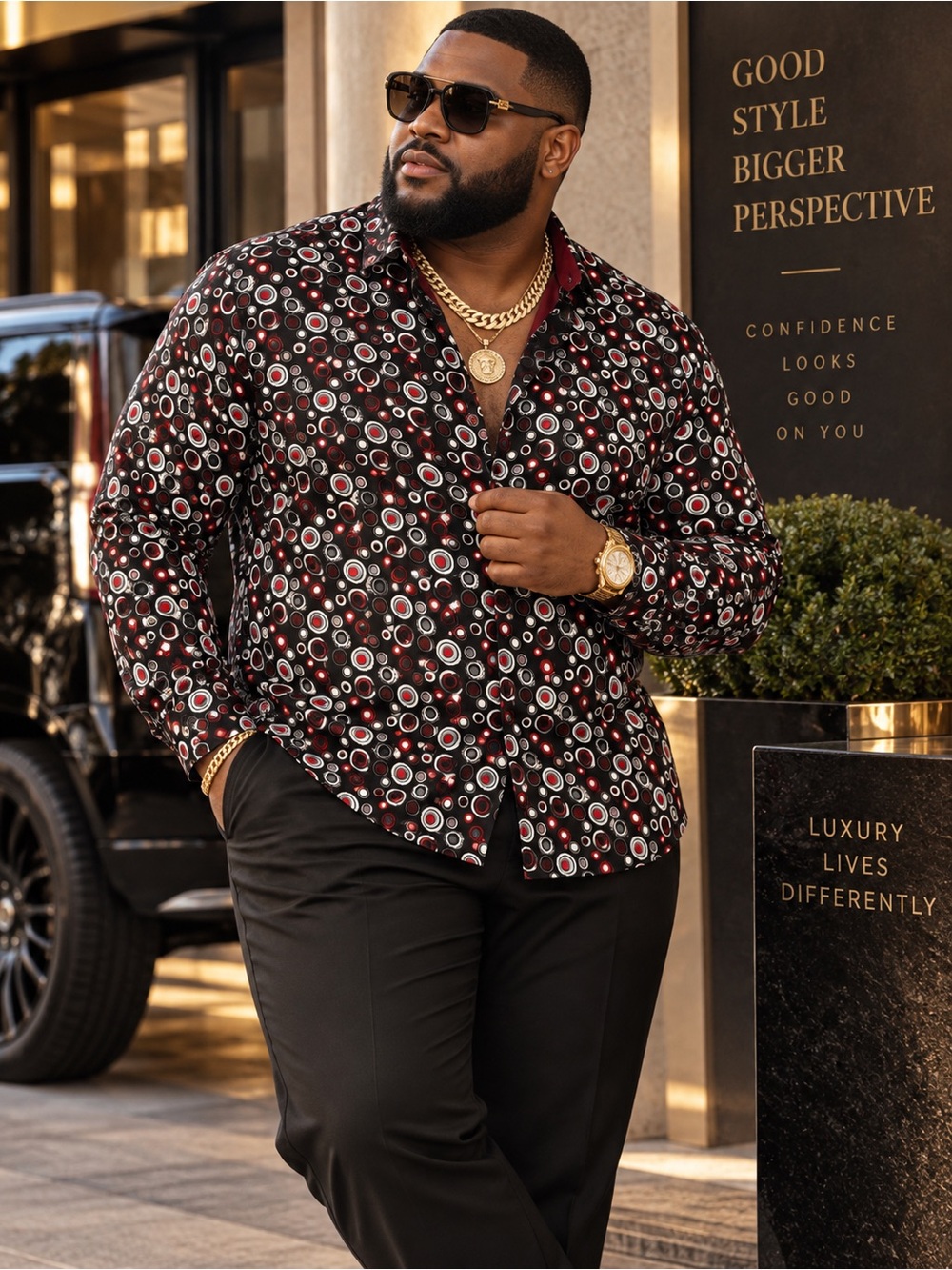 B.R. Rey Men’s Big & Tall Geometric Button Down Shirt Black Red Size 2XL